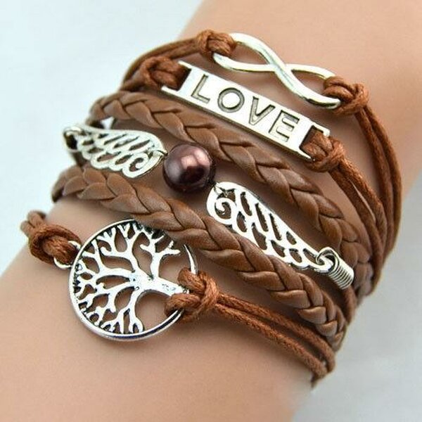 Armband Infinity Engelsflgel LOVE & Lebensbaum mit Perle caramel braun