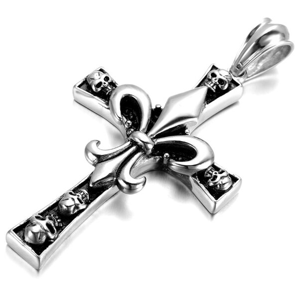 Anhnger Kreuz Fleur de Lis & Skulls Totenkpfe 316 L Edelstahl inkl. Kette  im Etui