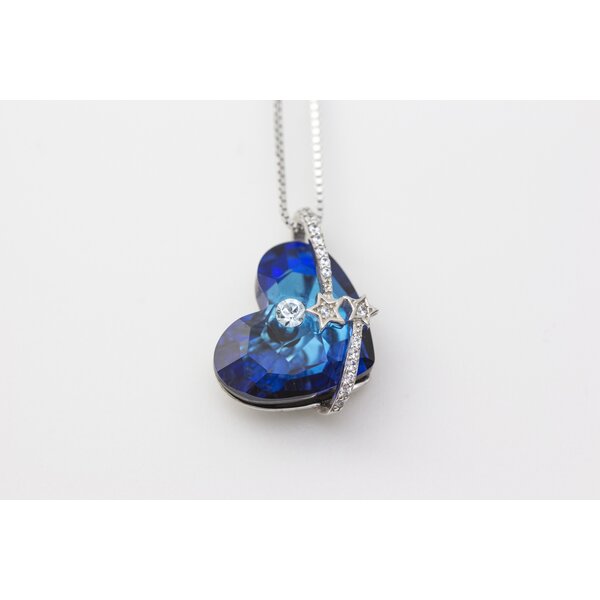 Anhnger Herz des Ozeans mit Stern Schnuppen royal blau aus 925 Silber rhodiniert mit Zirkonien inkl. Kette im Etui